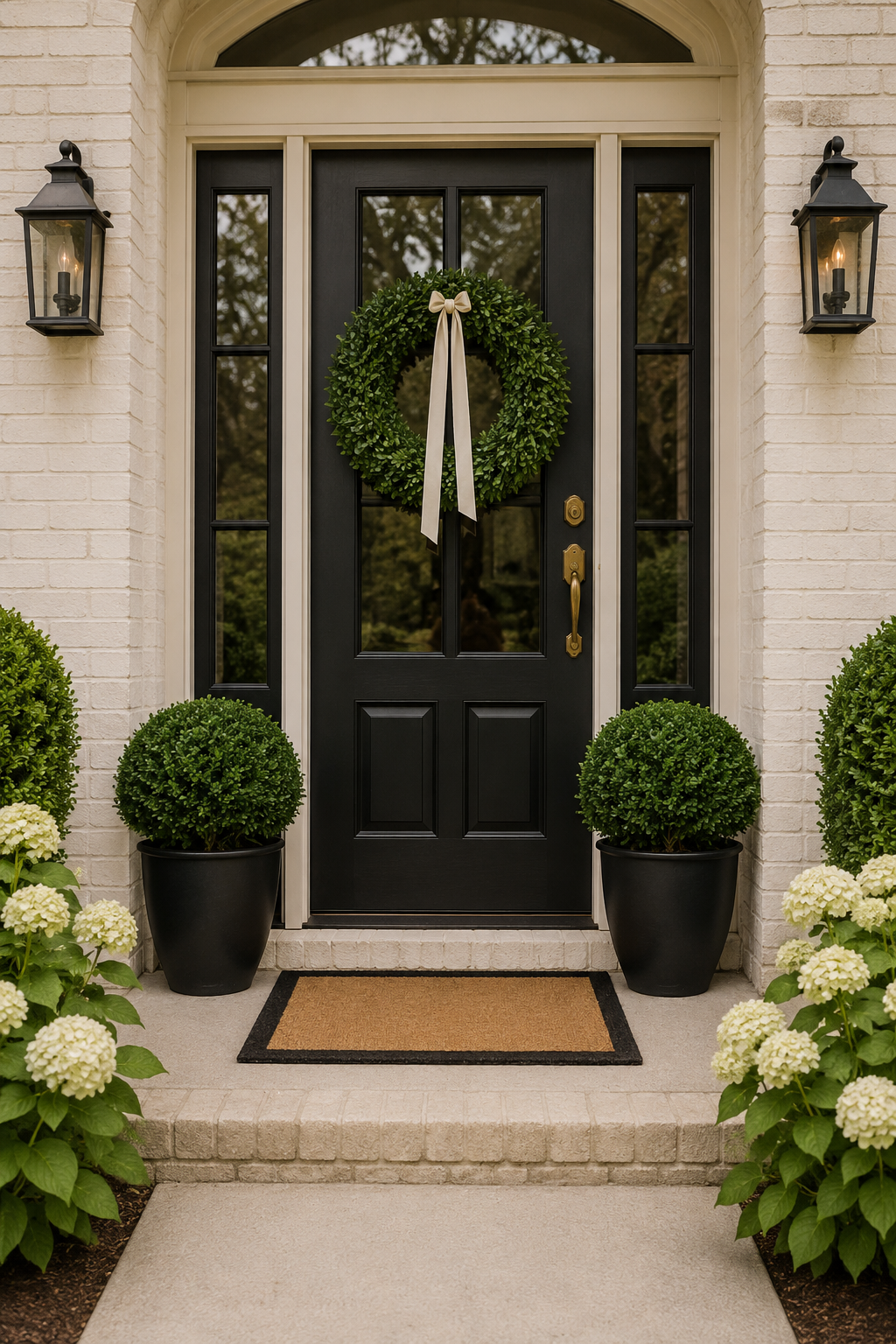 Classic black door with boxwood wreath and topiaries