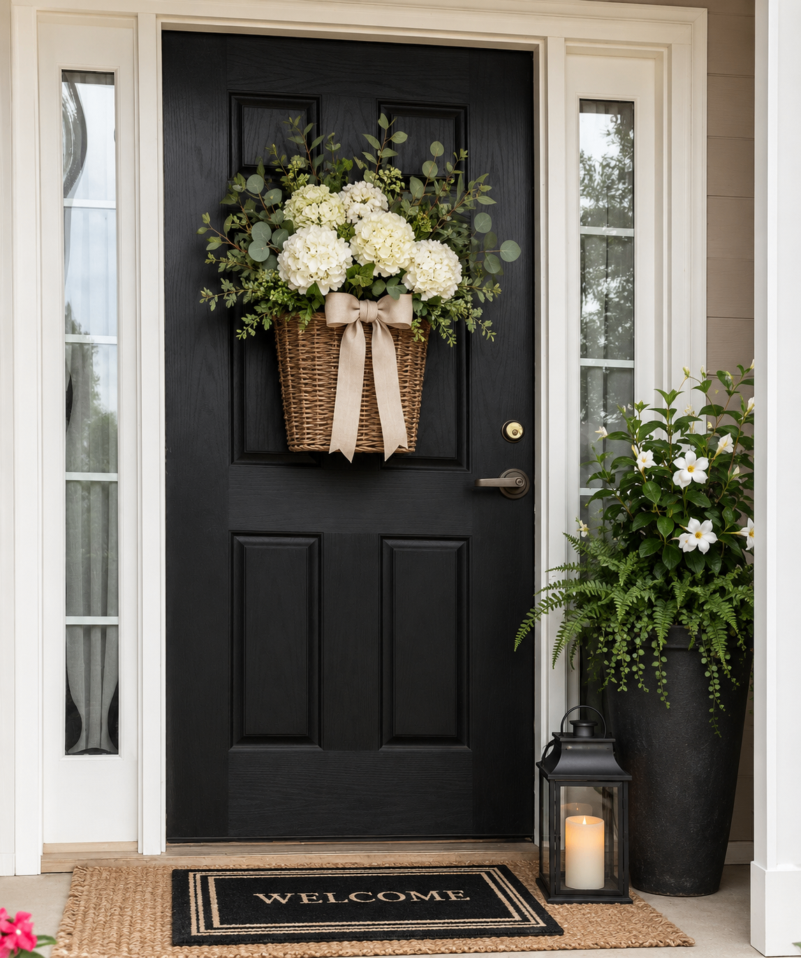 Black door with white hydrangea basket and welcome mat