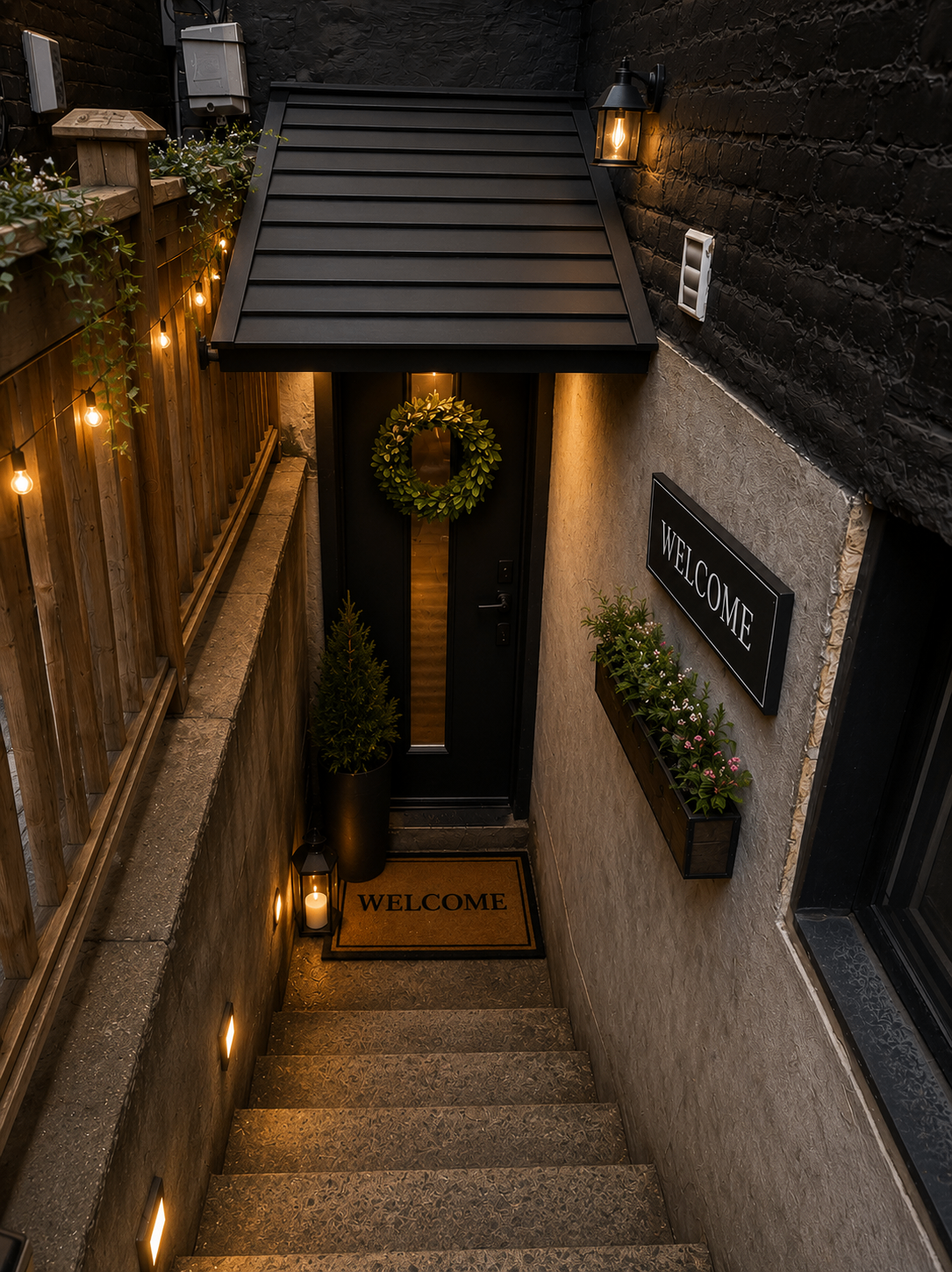 Stairway entry with greenery wreath, topiary, and welcome sign at dusk