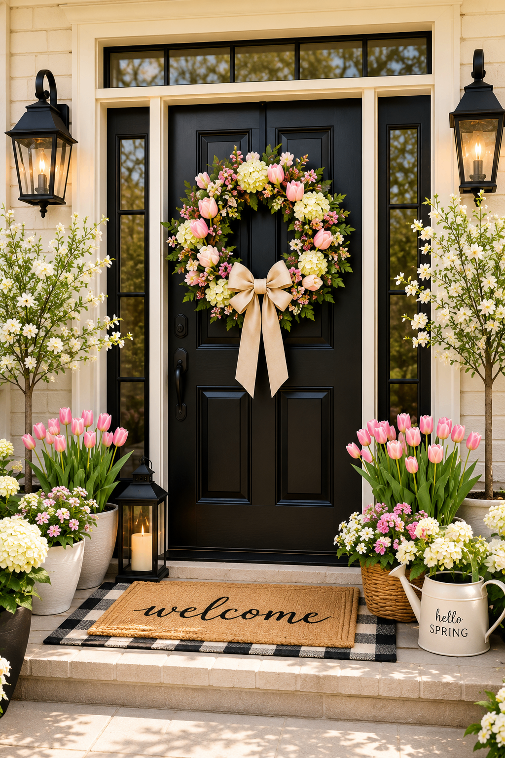Spring porch with tulips, hydrangeas, and pastel wreath
