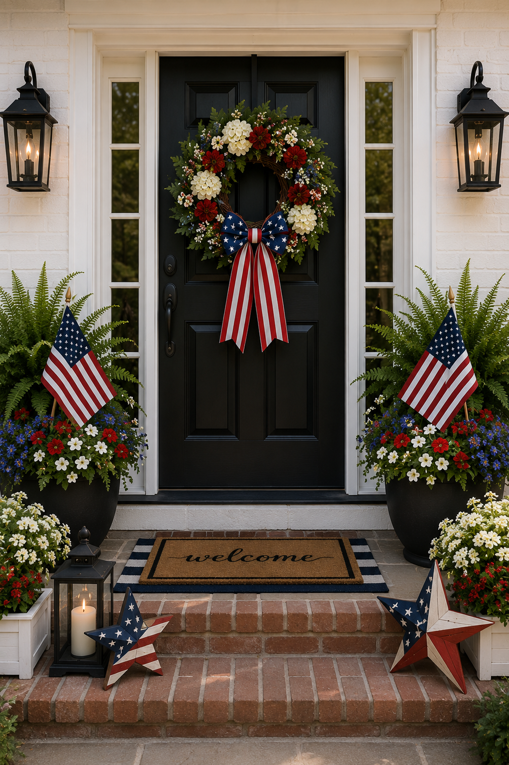 Patriotic porch with stars, flags, and red-white-blue wreath