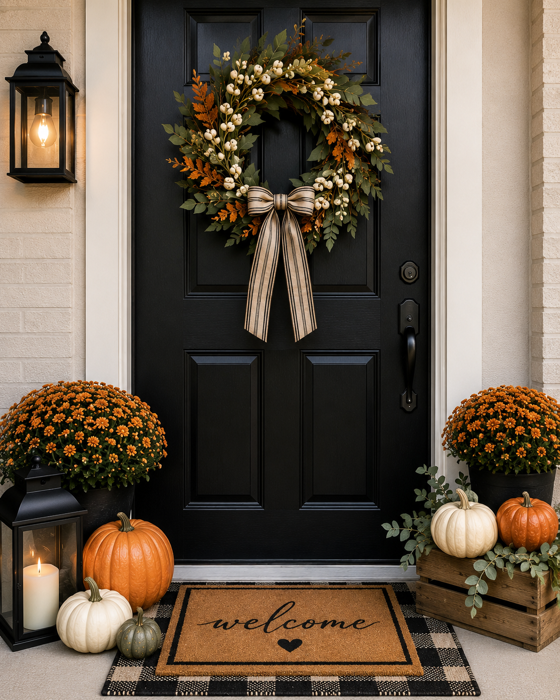 Cozy single-door fall refresh with mums and pumpkins